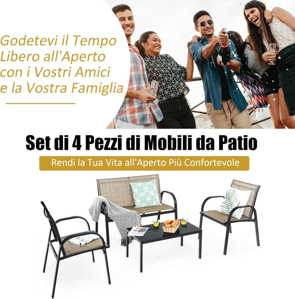 Set da Giardino con 4 Pezzi, Set da Giardino per Chiacchierare, Sedie da Giardino con Tavolino in Vetro, con Struttura Resistente in Ferro, Tessuto a Rete Traspirante (Marrone)