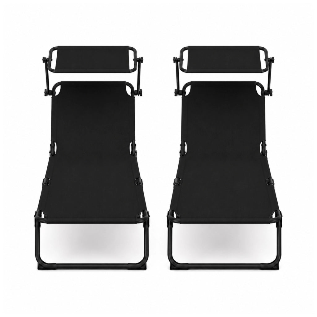 Set 2 Lettini Mare Pieghevoli Ideali Per Spiaggia Giardino Campeggio Relax Estivo Con Tettuccio Parasole Regolabile Schienale Reclinabile Sdraio Struttura In Acciaio Traspirante 24 x 187 x 53 Cm Nero