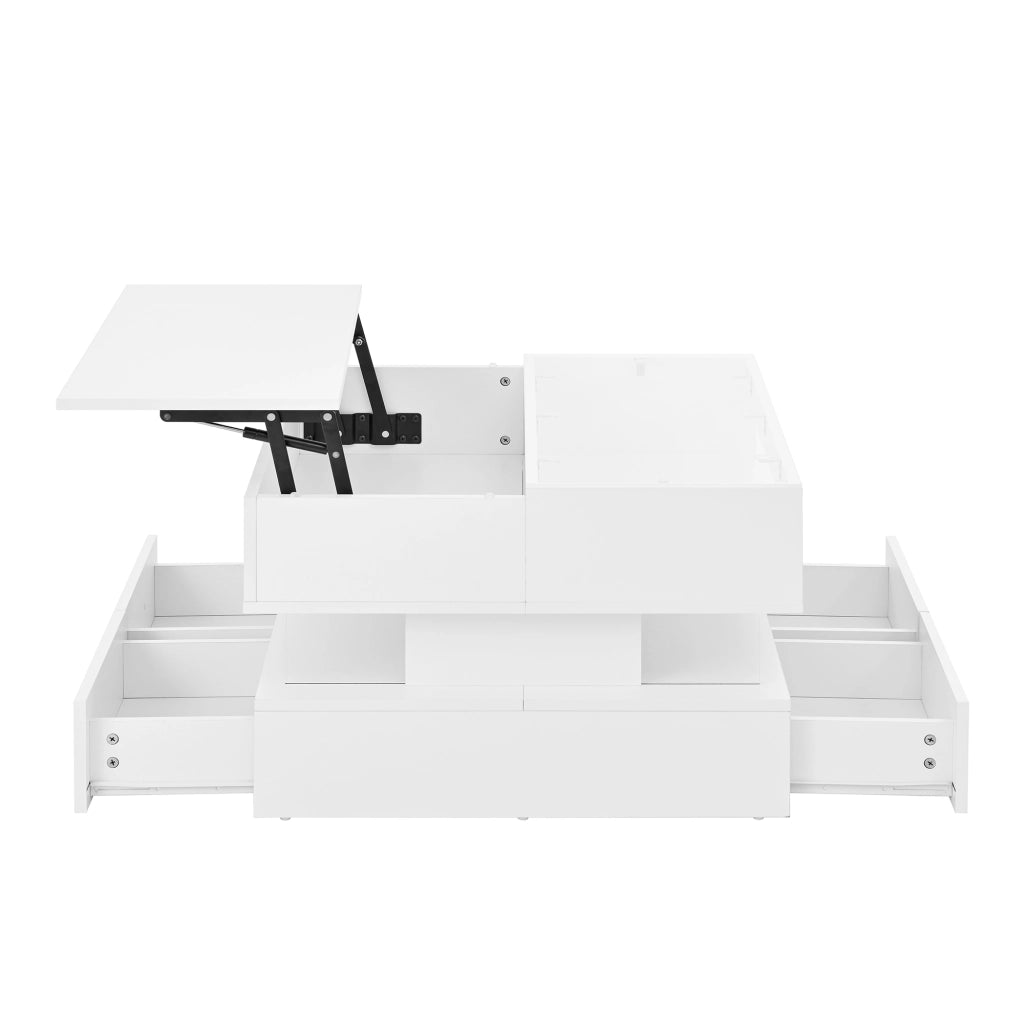 Tavolino da Salotto Alzabile con 2 Cassetti e Vani e LED 16 Colori; Piano in Vetro; in Pannello Truciolare; 70×67×57 cm; Bianco