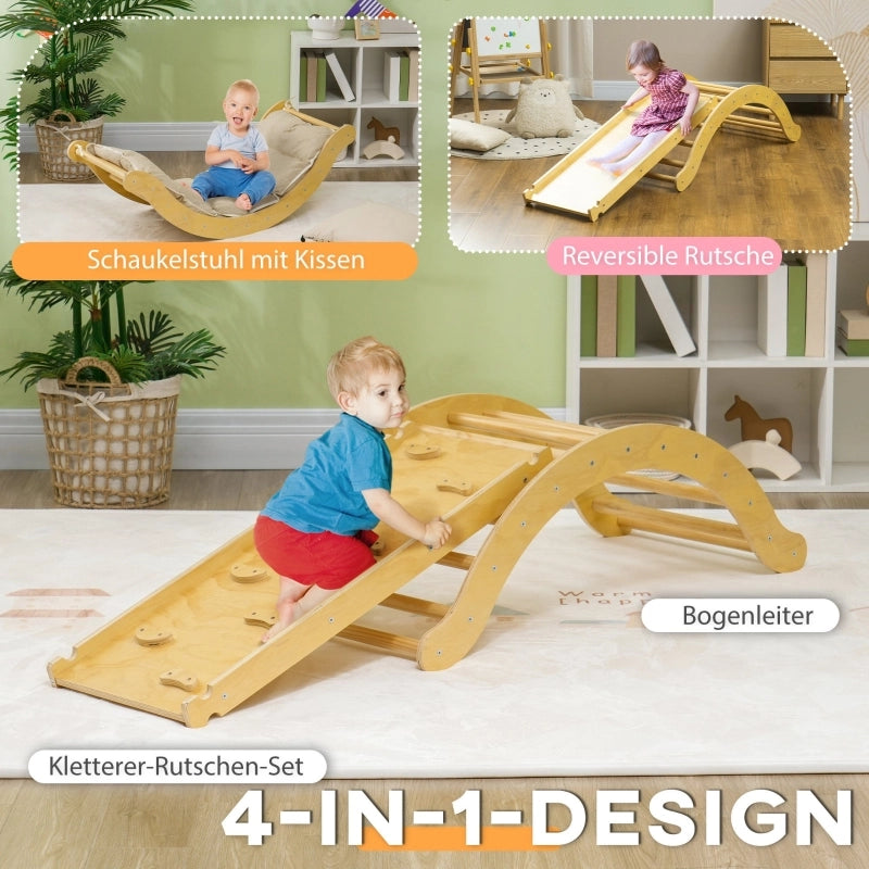 Set da arrampicata per bambini, design 4 in 1 con ponte ad arco, altalena a dondolo, cuscino, scivolo, per uso interno, in legno