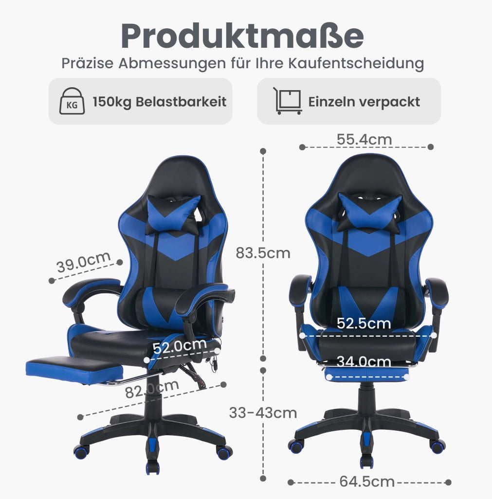 Sedia Gaming Ergonomica Girevole ¨C MINIMAL ¨C Ecopelle Nero e Blu, Poggiatesta e Supporto Lombare
