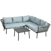Set da Giardino 4 Pezzi in Rattan con Tavolino da Caffè, 2 Divani ad Angolo e Poltroncina, Nero Grigio e Blu