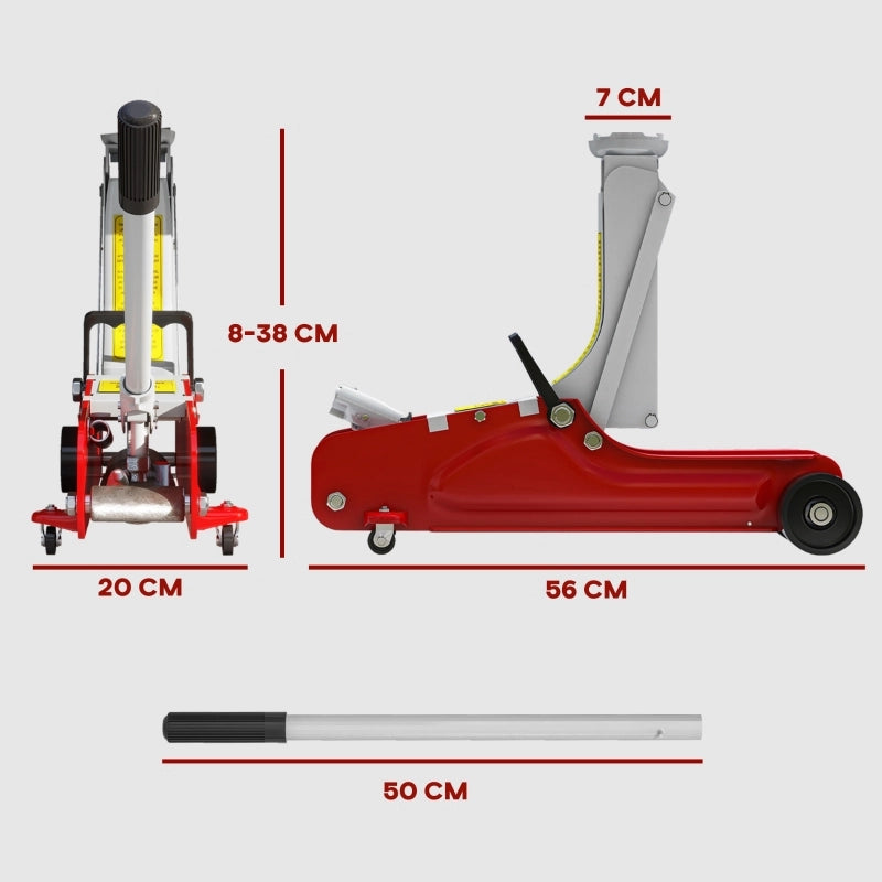 CRIC IDRAULICO 8-38 cm 2,5 Tonnellate Acciaio Rosso con Ruote