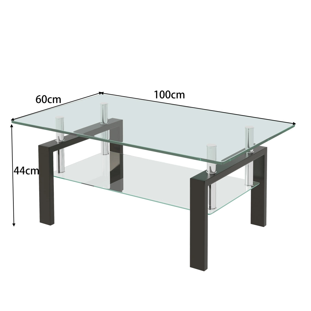 Tavolino da caffè con piano a 2 livelli - per soggiorno - in vetro e metallo - 100×60×44 cm - trasparente