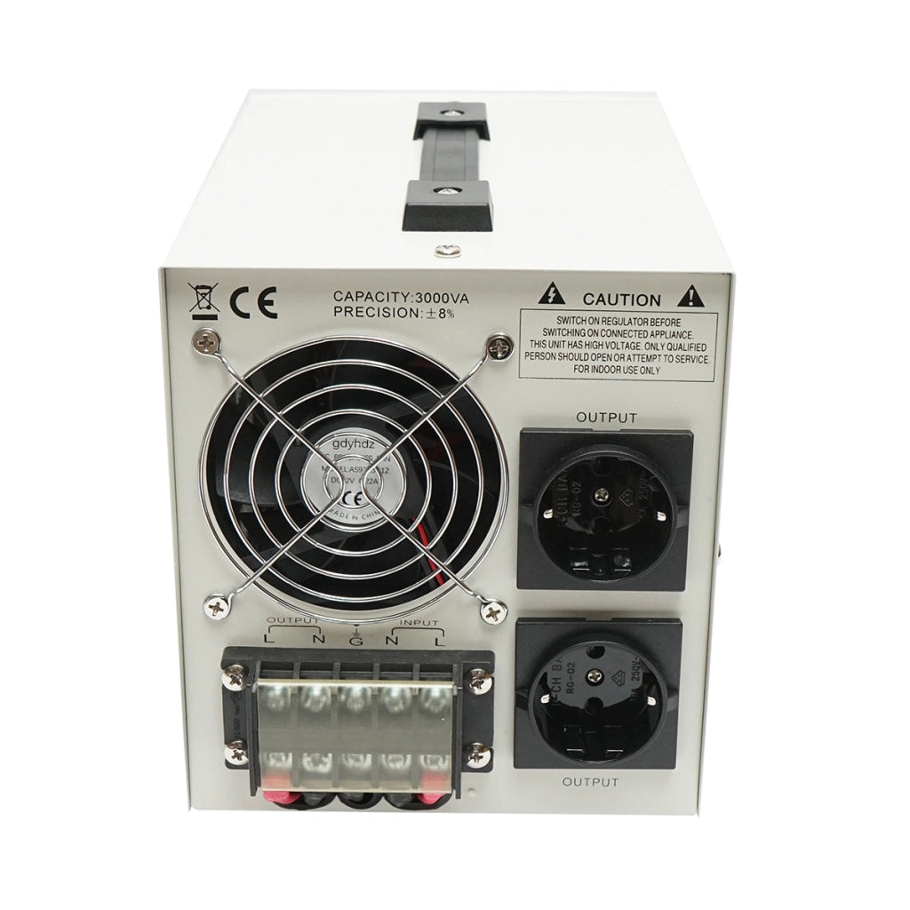 Stabilizzatore di tensione automatico 3000VA con relè monofase, 2 prese schuko 230V, display LCD Breckner Germany