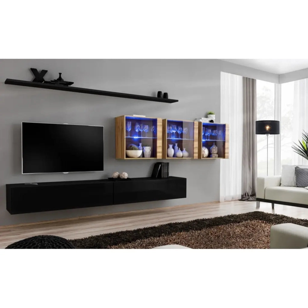 Mobile da soggiorno da parete SWITCH XVII design, colore nero lucido e quercia Wotan.