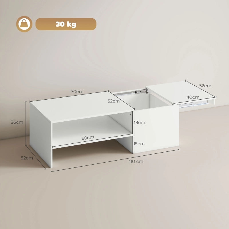 Tavolino da caffè con piano scorrevole e vano - per soggiorno - 110×52×36 cm - bianco