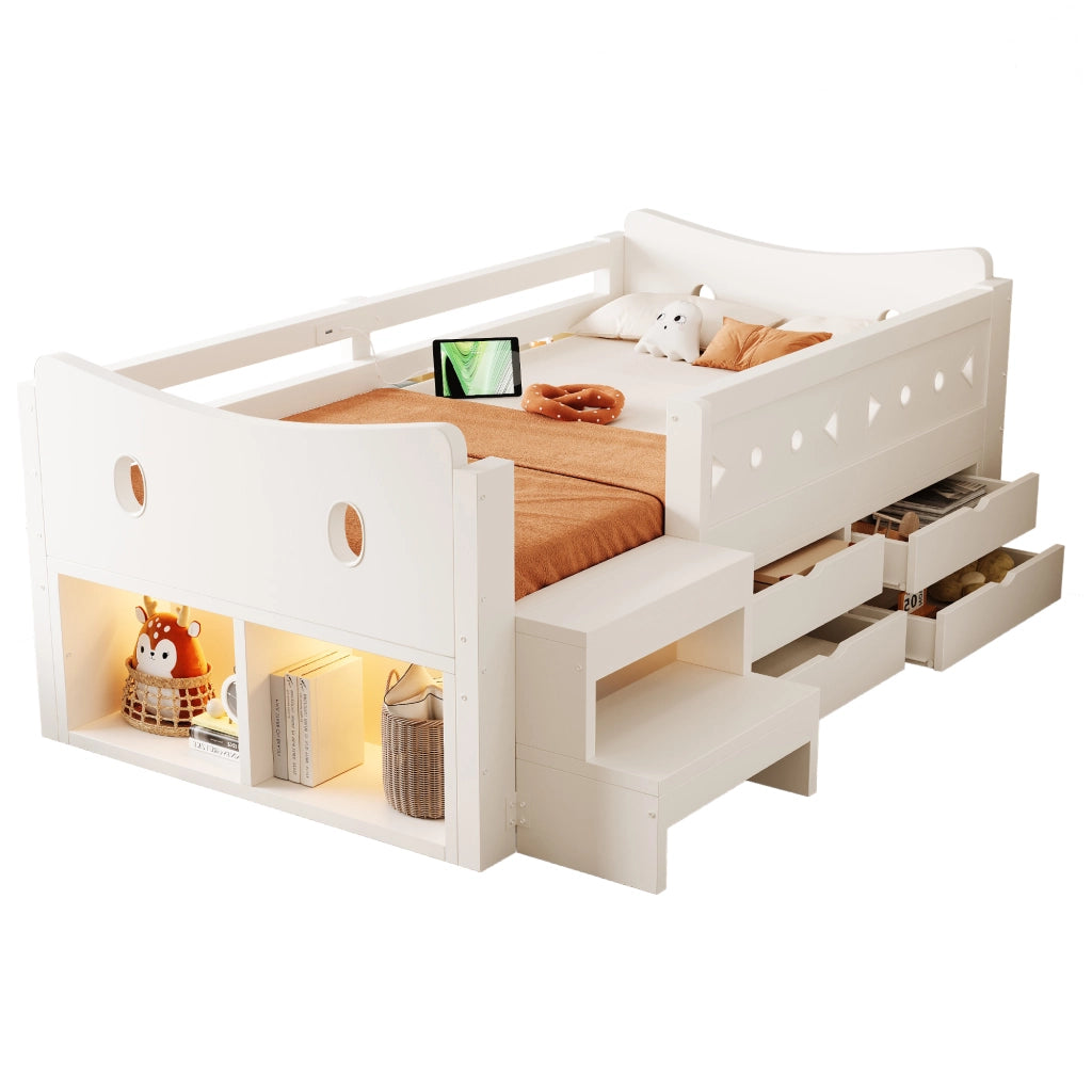 Letto singolo per bambini 90x200 cm con cassetti; testiera portaoggetti; sponda; LED; USB e USB-C; legno bianco