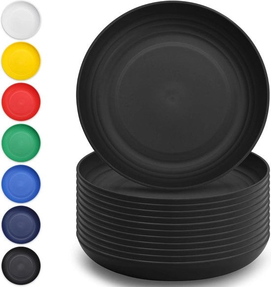 Set di piatti in plastica da 12 pezzi 23cm Nero piatti riutilizzabili e resistenti piatti per pranzo piatti per insalata piatti per pasta piatti per portare con facilità set di piatti