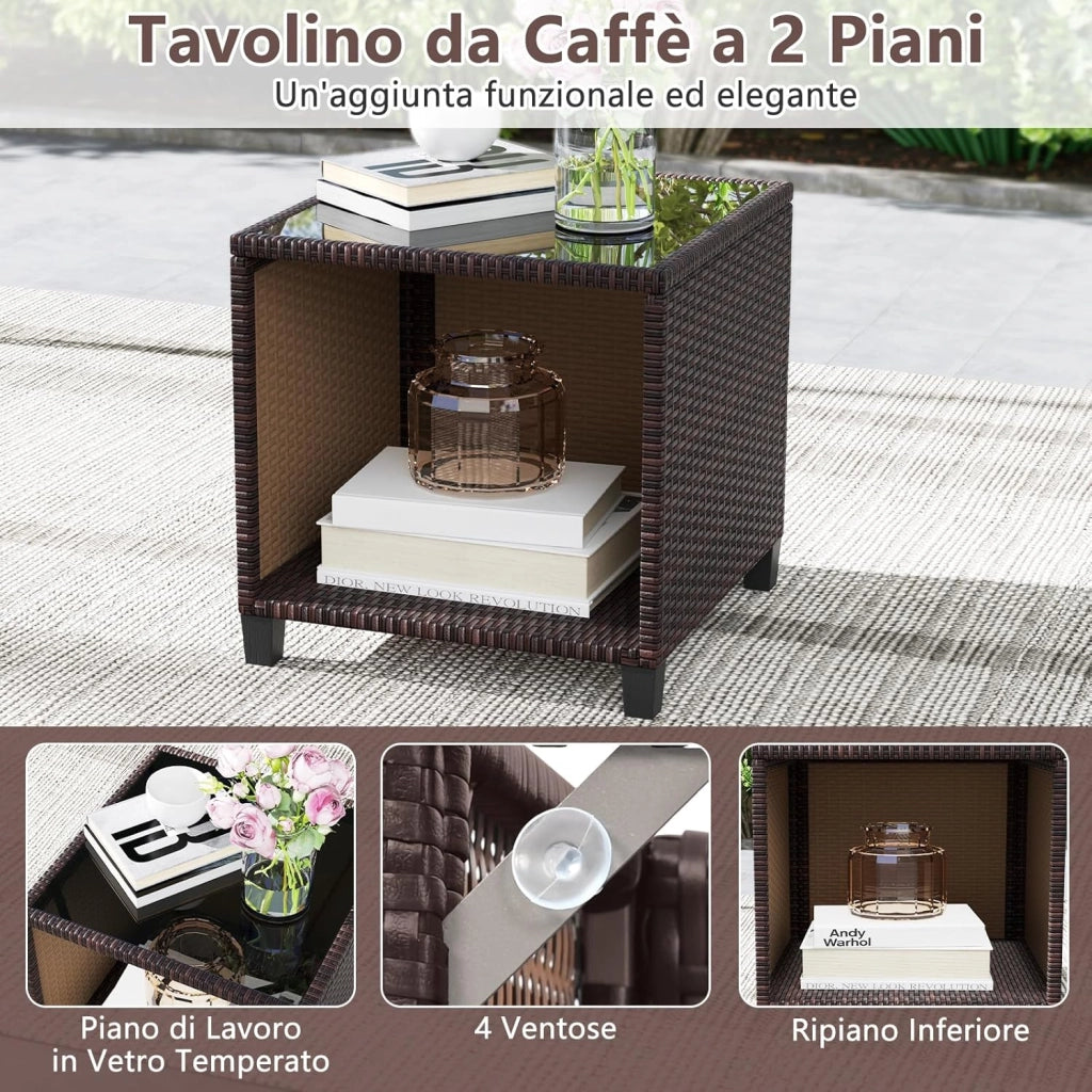 Set Salotto da Giardino da 3 Pezzi, con 2 Sedie e Tavolo da Caffè in Vetro, Divanetto in Rattan con Cuscini per Seduta e Schienale, Set da Conversazione per Cortile e Patio