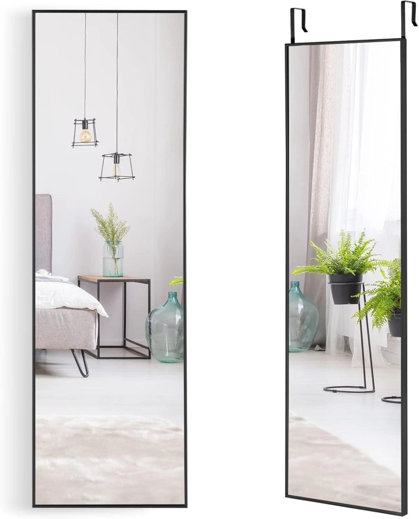 Specchio da Parete Lungo, Specchio da Terra Appendere con Cornice in Lega di Alluminio e Ganci, Per Camera da Letto e Soggiorno, 120 x 37 cm (Nero)