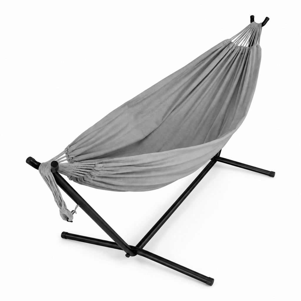 Amaca Brasiliana Con Supporto In Acciaio Altezza Regolabile Telo Cotone Da Esterno Per Giardino Balcone Piscina Grigio