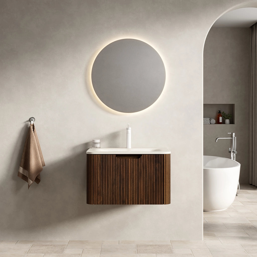 MOBILE BAGNO con lavabo integrato in pietra sinterizzata Beige e Noce