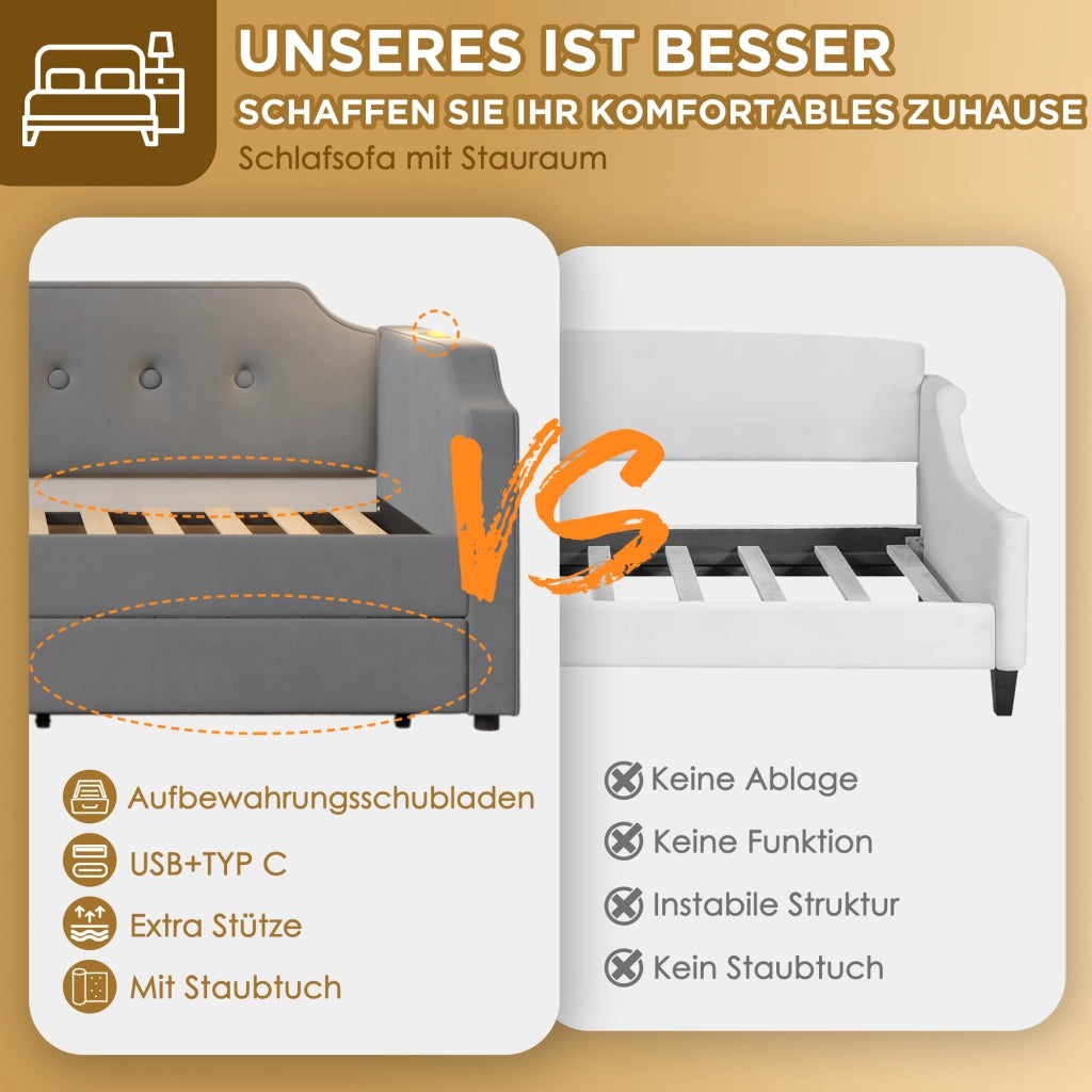 LETTO 90x200 cm in velluto grigio con 2 cassetti, USB Type-C e lampada da lettura
