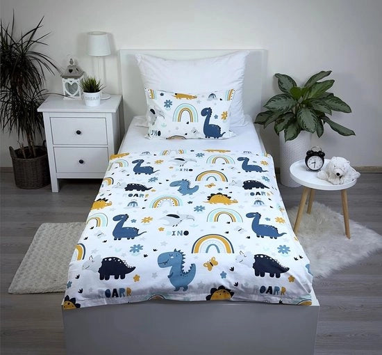 Set di letto per bambini, letto per neonati, letto per bebè, set completo, coperta da letto 100 x 135 cm e cuscini 40 x 60 cm, di cotone, standard Öko-Tex, per bambini maschi e femmine (dinosauri)