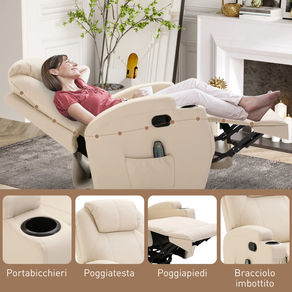 Poltrona Reclinabile Girevole con Poggiapiedi, Portabicchieri e Tasche ¨C Zephmum ¨C Crema, Pelle PU, Legno e Acciaio