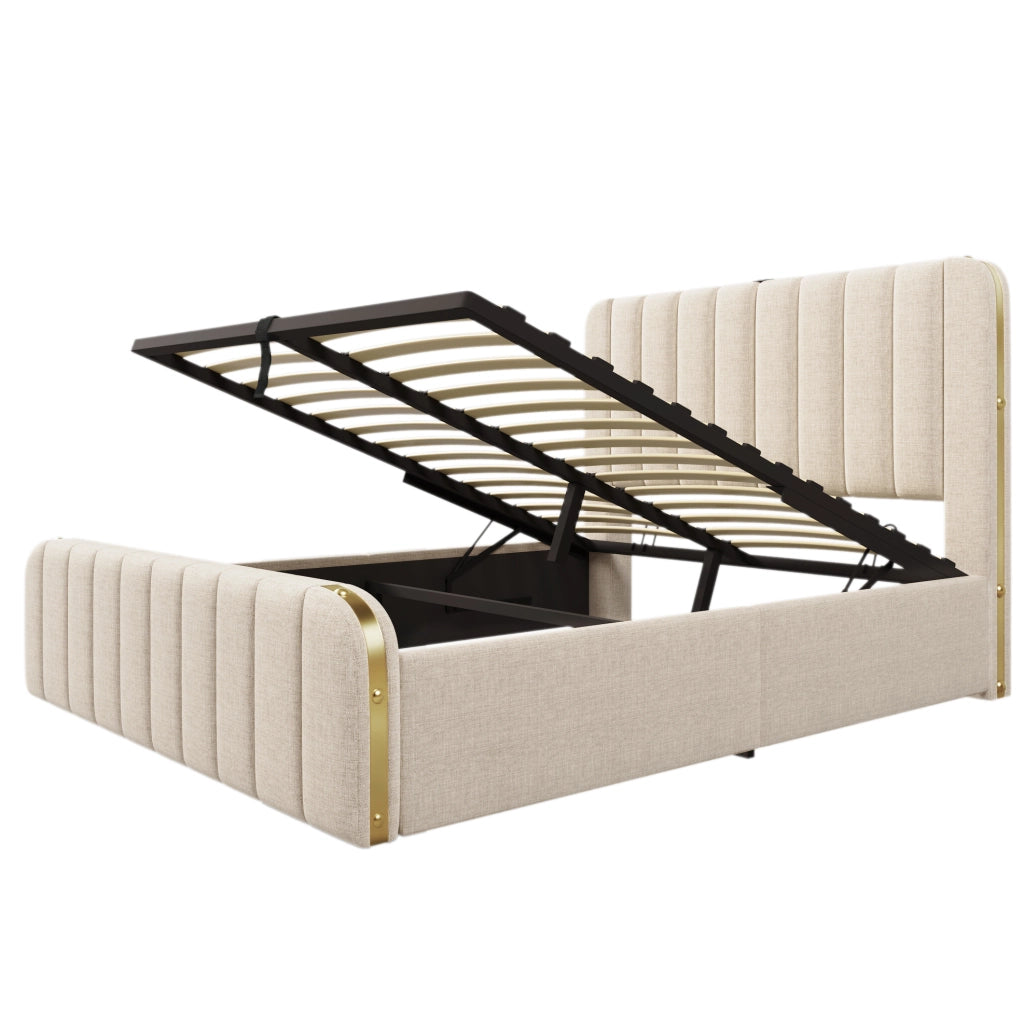 Letto matrimoniale contenitore 140x190 cm in lino beige con porte USB e Type-C