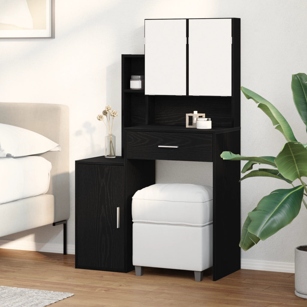 Tavolo da toeletta con specchio e luci LED in rovere nero