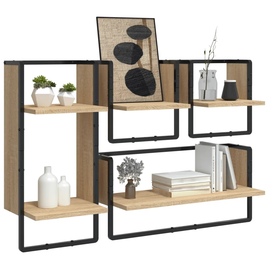 4 pz Set Mensole Parete | Mensola sospesa con Aste Rovere Sonoma Legno Multistrato