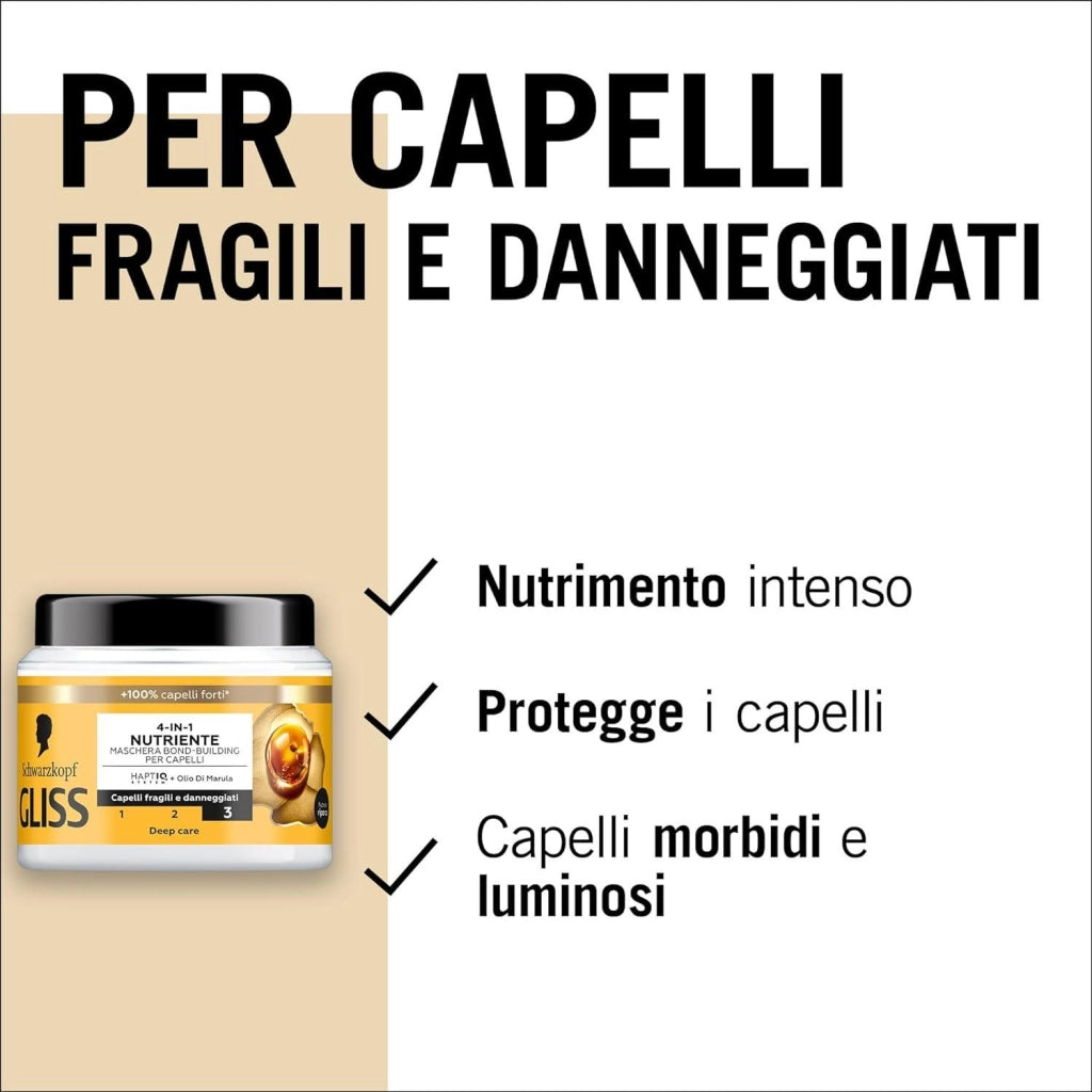 SCHWARZKOPF GLISS 4-IN-1 MASCHERA PER CAPELLI 400 ML OIL NUTRITIVE HAPTIQ SYSTEM + MARULA X CAPELLI FRAGILI E DANNEGGIATI