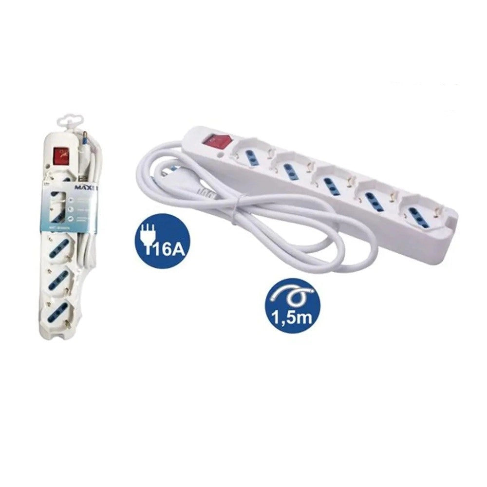 Trade Shop - Multipresa 5 Uscite Universali Spina 16a Cavo 1.5 Mt Interruttore Bianco 80180n -