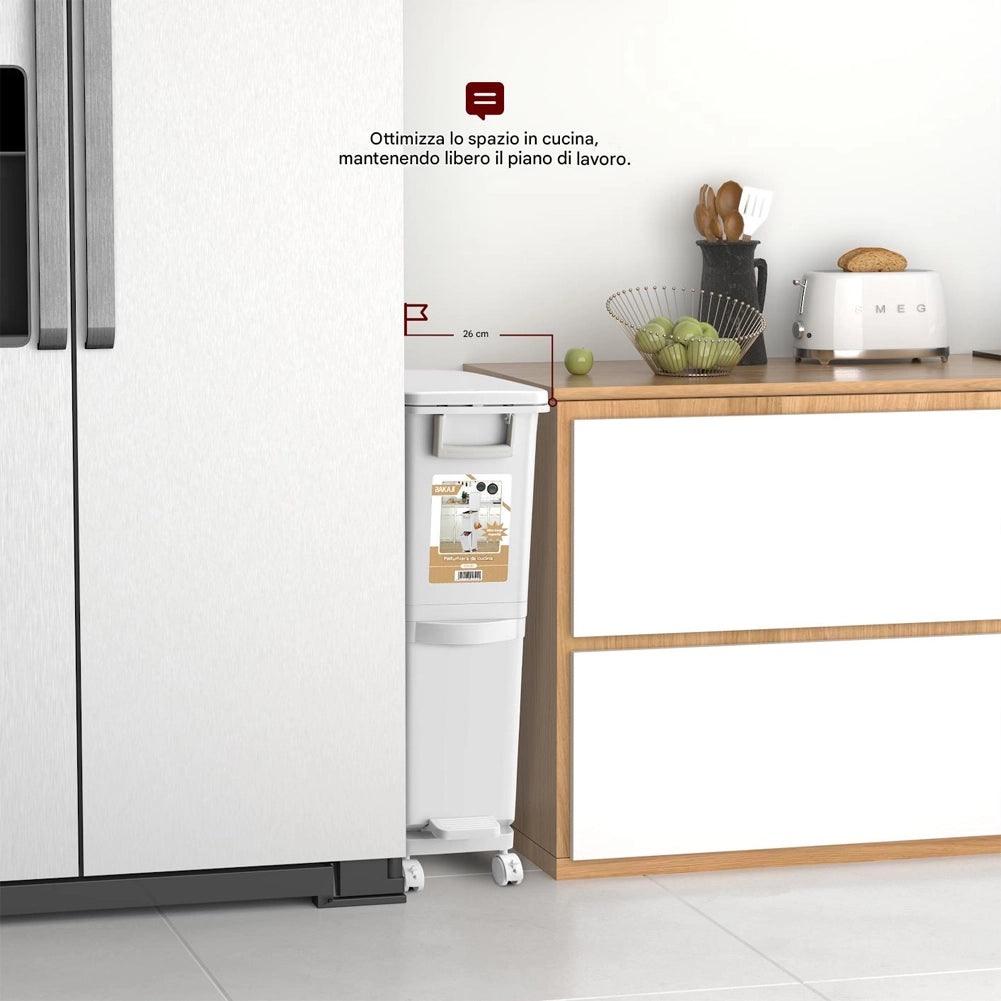 Pattumiera da Cucina per Raccolta Differenziata 2 Scomparti Capacità 29 L con Pedale e Ruote 26x36x76,6 cm in PP Bianco