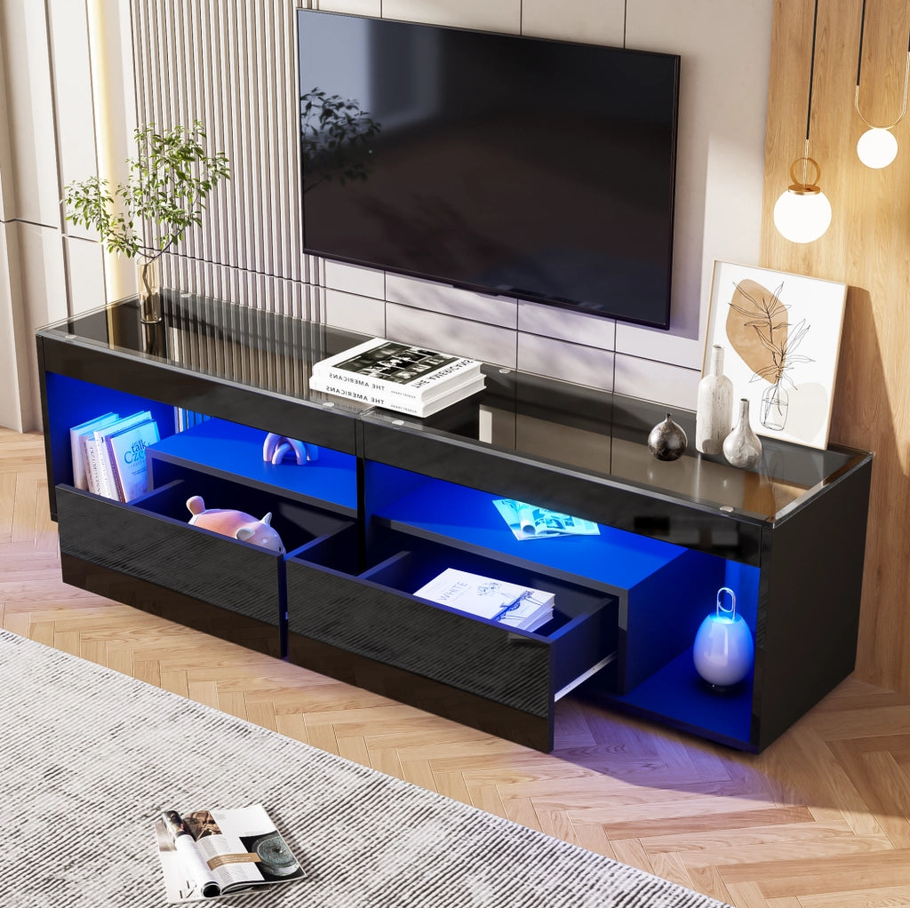 Mobile TV moderno con LED e 2 cassetti; 180x40x46 cm; nero lucido