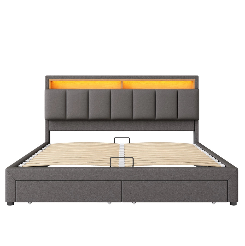 Letto imbottito matrimoniale 180x200 cm con LED; contenitore sotto letto; in lino grigio scuro
