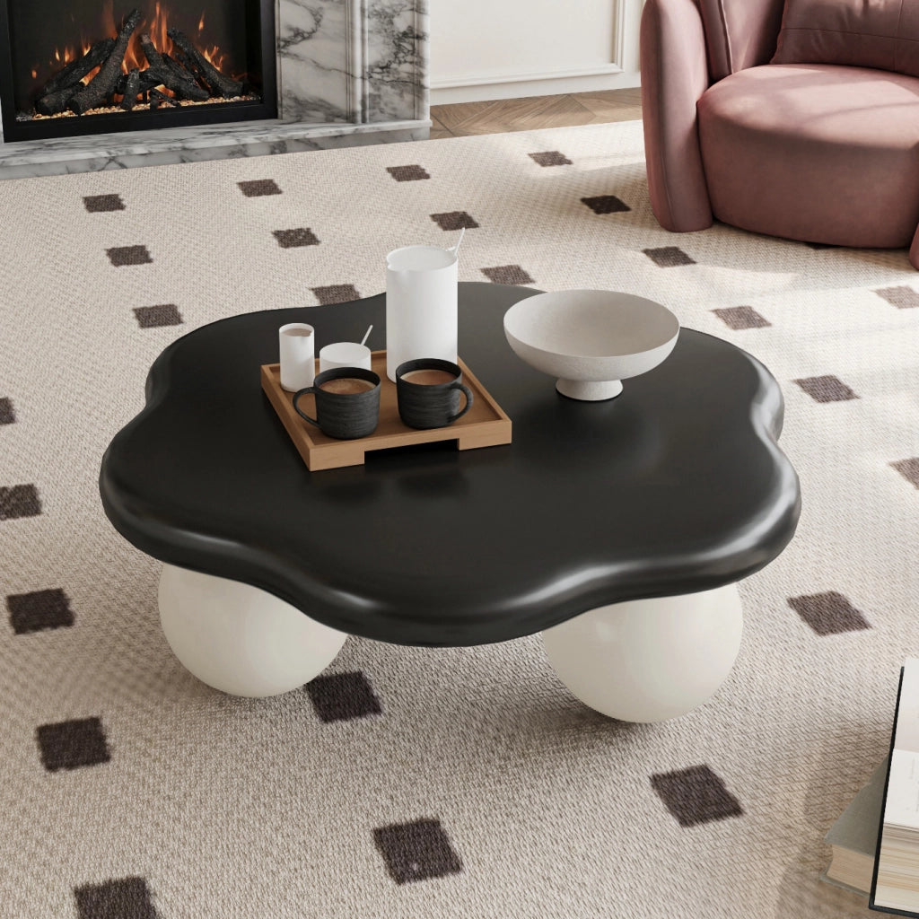 Tavolino basso a forma di nuvola con 1 piano, per soggiorno, in MDF e plastica, nero e bianco, Ø80 × 35 cm