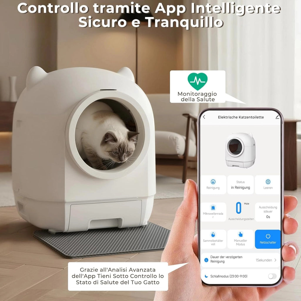 Lettiera Gatto Autopulente, Lettiera Autopulente Per Gatti XXL 90L, Doppio Sistema Anti-Odori E Protezioni Sicurezza Multiple, Controllo A Distanza Via APP, Ideale Per Famiglie Con Più Gatti