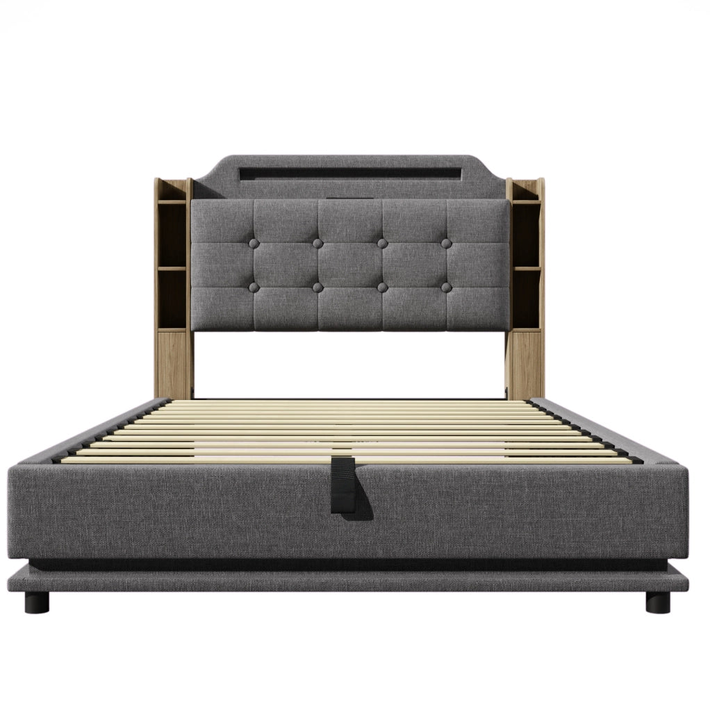 Letto imbottito 140x200 cm con LED, contenitore idraulico e USB Type-C