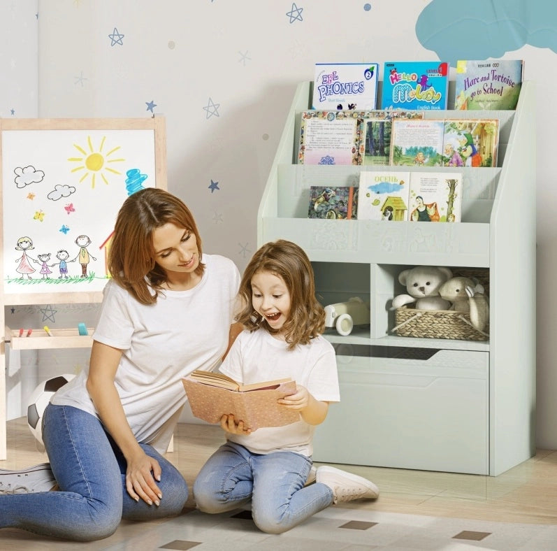 Libreria per bambini verde con cassetto e vani aperti 60 x 29,9 x 90 cm