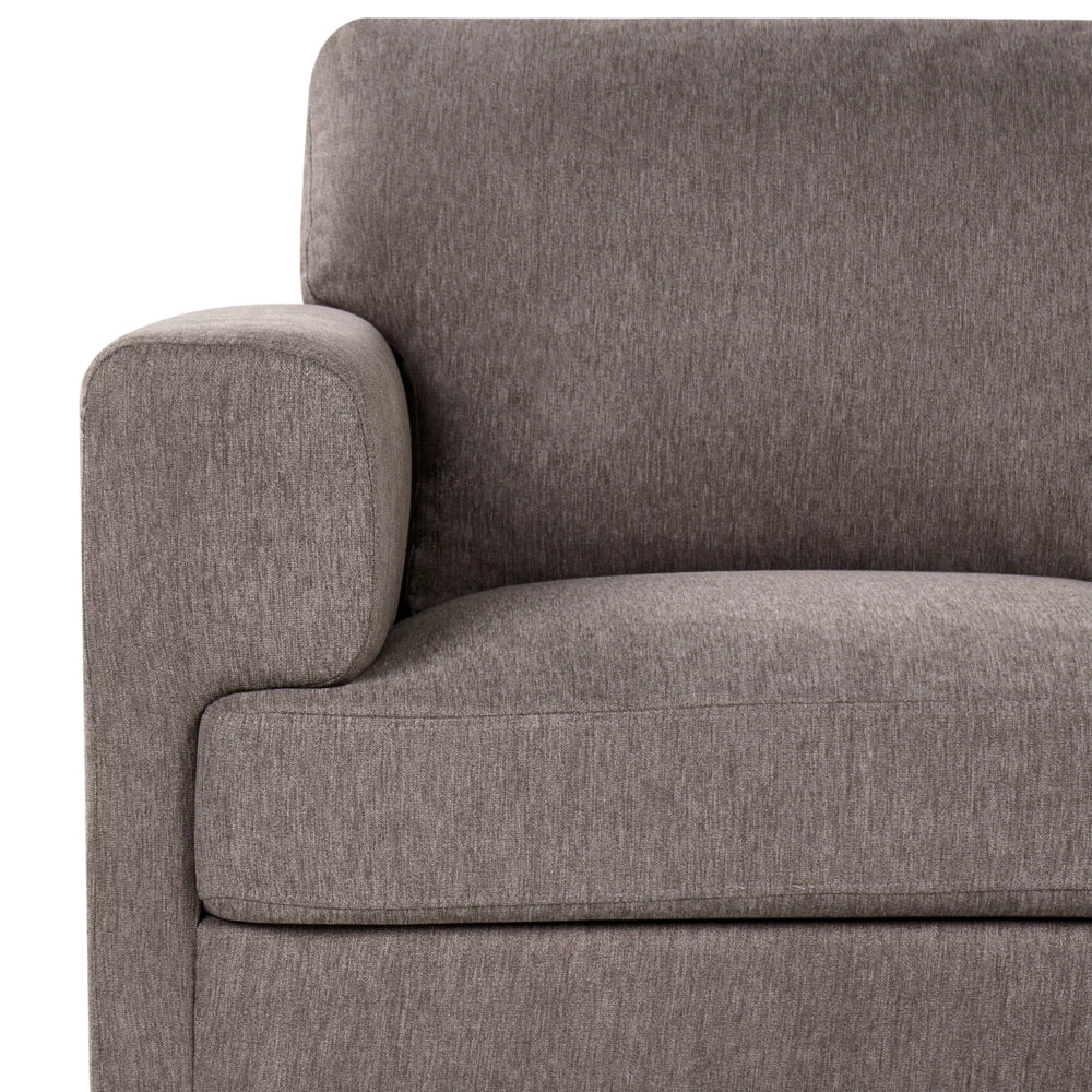 Divano minimalista moderno di metà secolo in tessuto a 3 posti con gambe in metallo rivestite e braccioli marrone