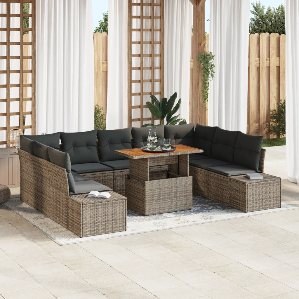 Set da pranzo da giardino in 10 pezzi con cuscini grigi in polirattan e acacia