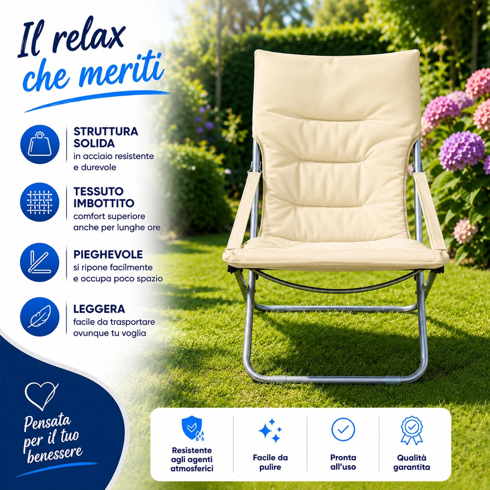 Spiaggina Sedia Canapone In Acciaio Tessuto Imbottito Pieghevole Relax Beige
