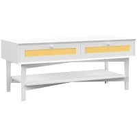 Tavolino da Caffè Boho con 2 Cassetti e Ripiano, in Rattan e Truciolato, 120x50x50 cm, Bianco e color Legno