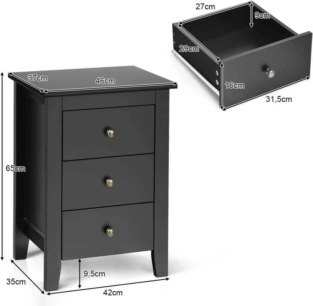 Comodino con 3 Cassetti, Cassettiera da Letto, Tavolino Spazioso con Struttura Resistente, per Salone e Camera da Letto, 46 x 37 x 65 cm (Nero) (2, nero)