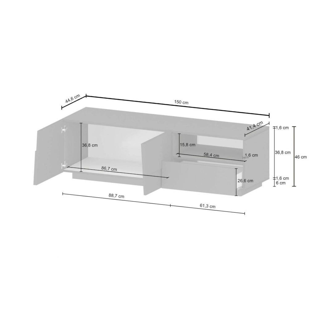 Mobile porta TV Cecia, Credenza bassa da soggiorno con 2 ante e 1 cassetto, Base porta TV, 150x44h46 cm, Bianco lucido