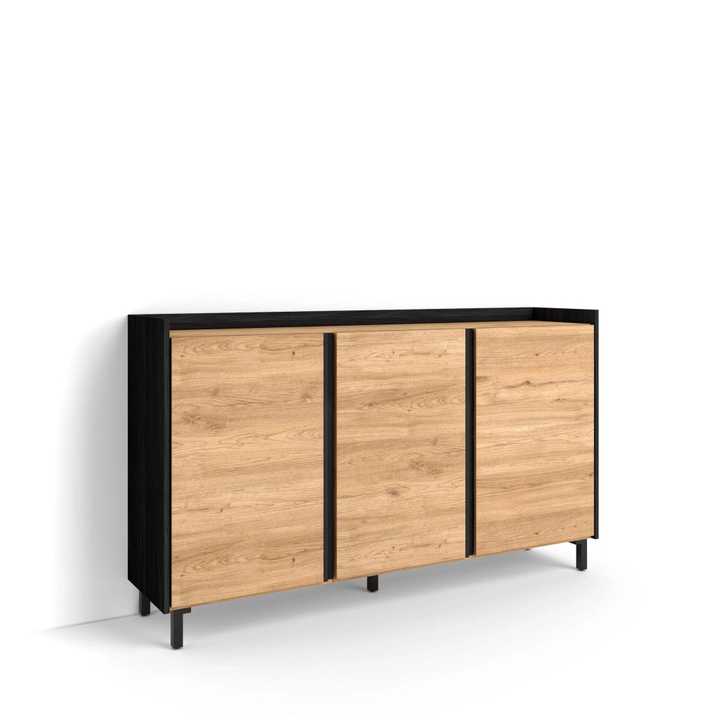 Credenza, Mobile, Cucina, 156x91x35 cm, 3 Porte, Design industriale, Rovere e nero