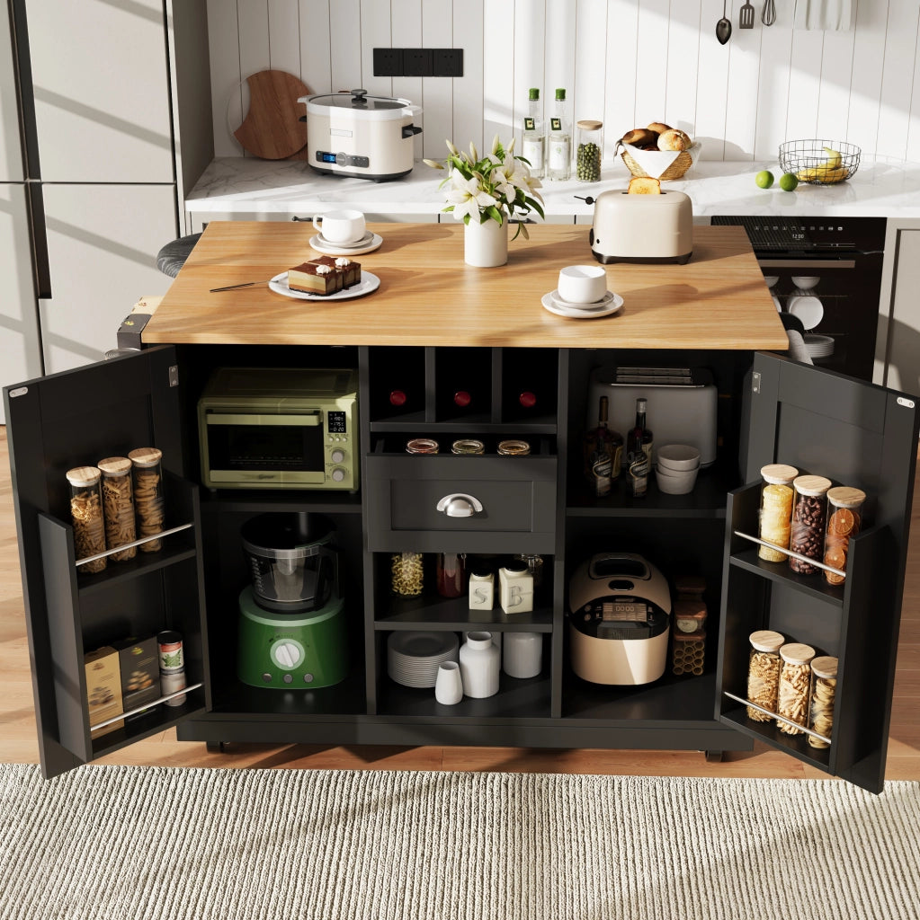 Carrello da cucina 140x40x93.5 cm con piano richiudibile e ruote in MDF nero