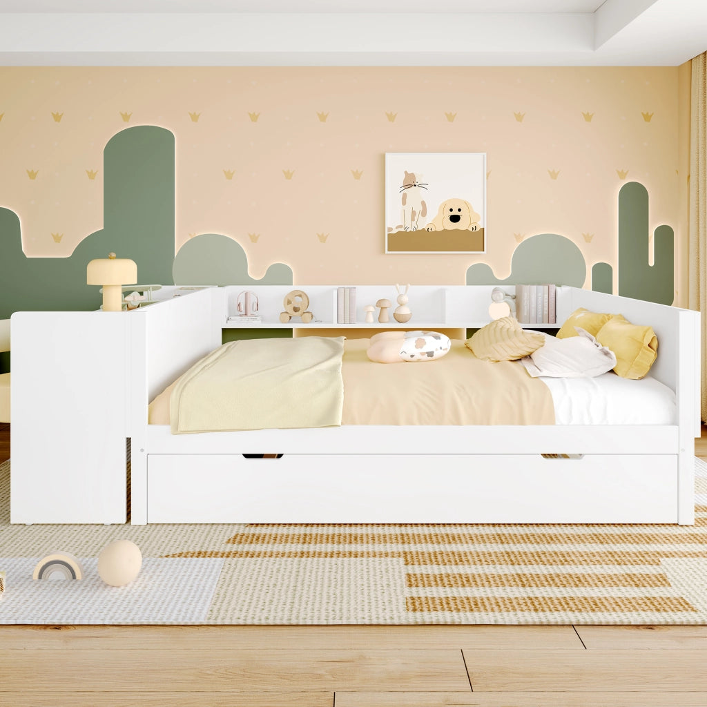 OKWISH Letto combinato 140×200 cm, Letto Matrimoniale con Scrivania, Letto estraibile 90×190 cm, Mensole e Comodino, senza Materasso, Bianco