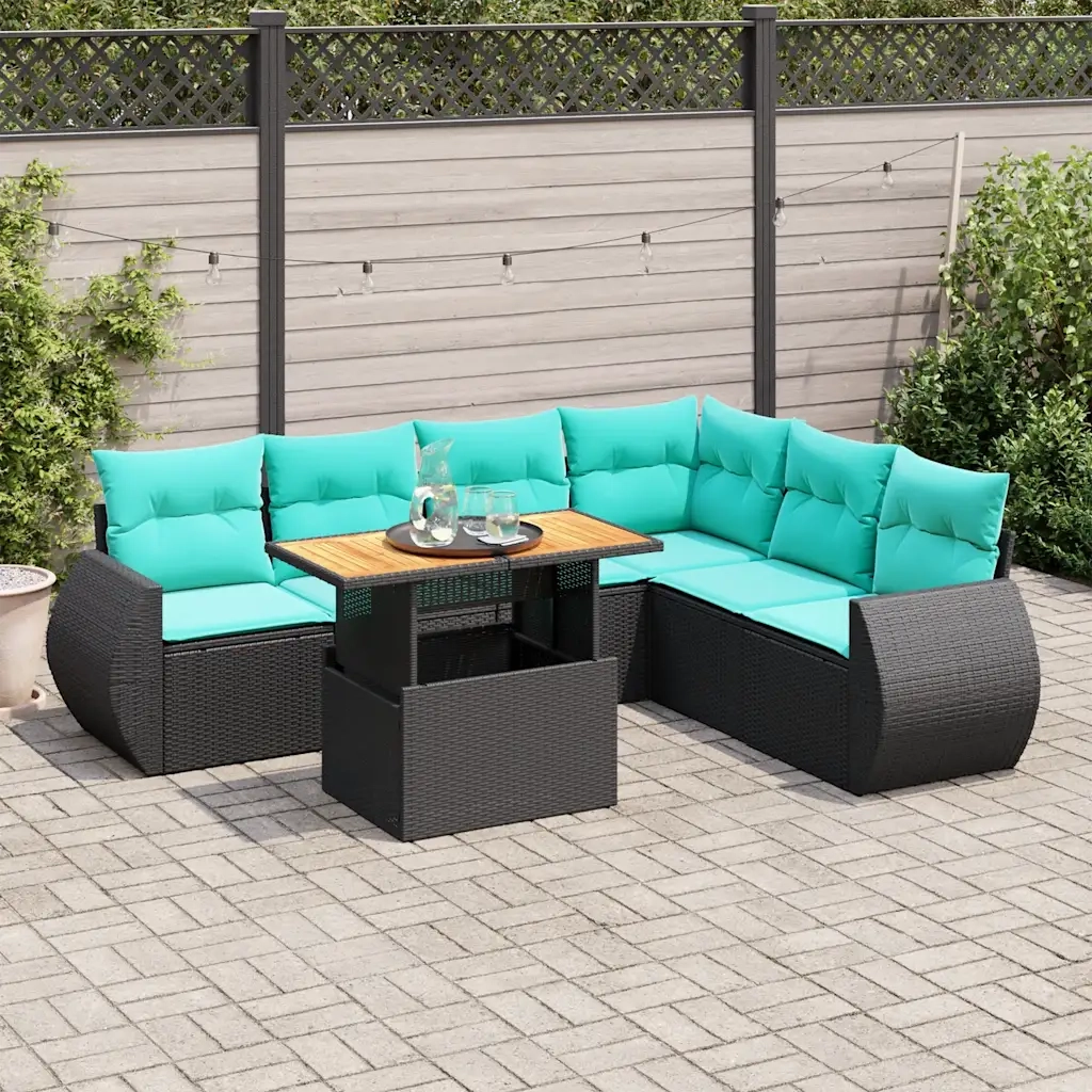 Set Divani da Giardino con Cuscini 7pz Nero Polyrattan