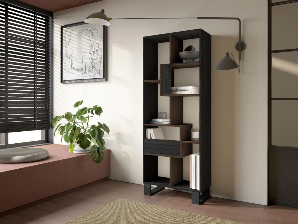 Libreria scaffale, 174x67x31, Design industriale, Nero e Rovere scuro RF4118