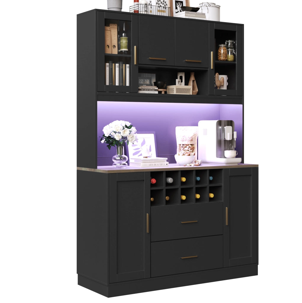 Credenza alta 120x36,3x180 cm in MDF nero con LED, prese USB, 6 ante e 2 cassetti