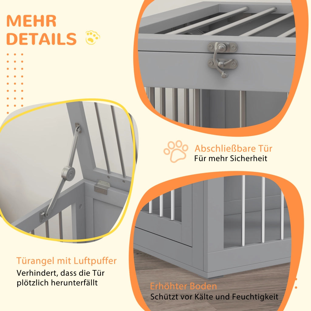 Cuccia per cani chiudibile con due porte, fondo rialzato, in MDF e acciaio, grigio, 80 × 50 × 56,5 cm