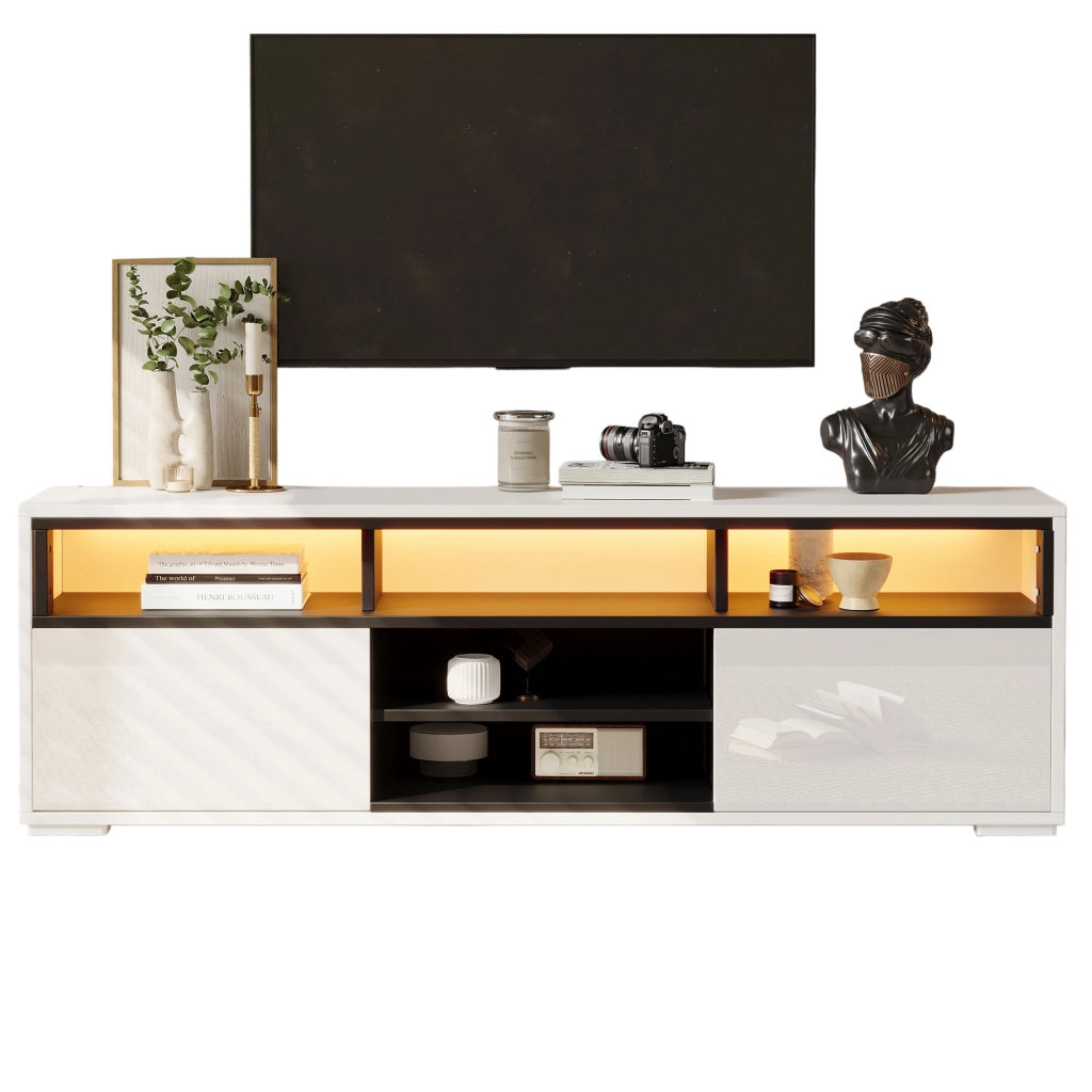 Mobile TV con 2 ante; LED e passacavi - per soggiorno - 150×35×50 cm - bianco