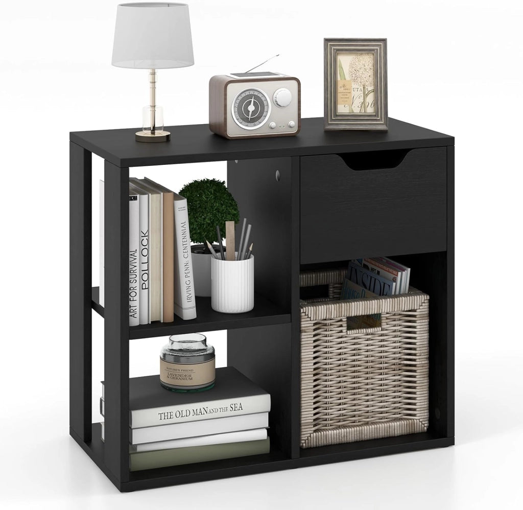 Libreria, scaffale con 1 cassetto e 3 cubi, 60 x 30 x 53 cm, scaffale a cubi autoportante per soggiorno, studio, ufficio (nero)