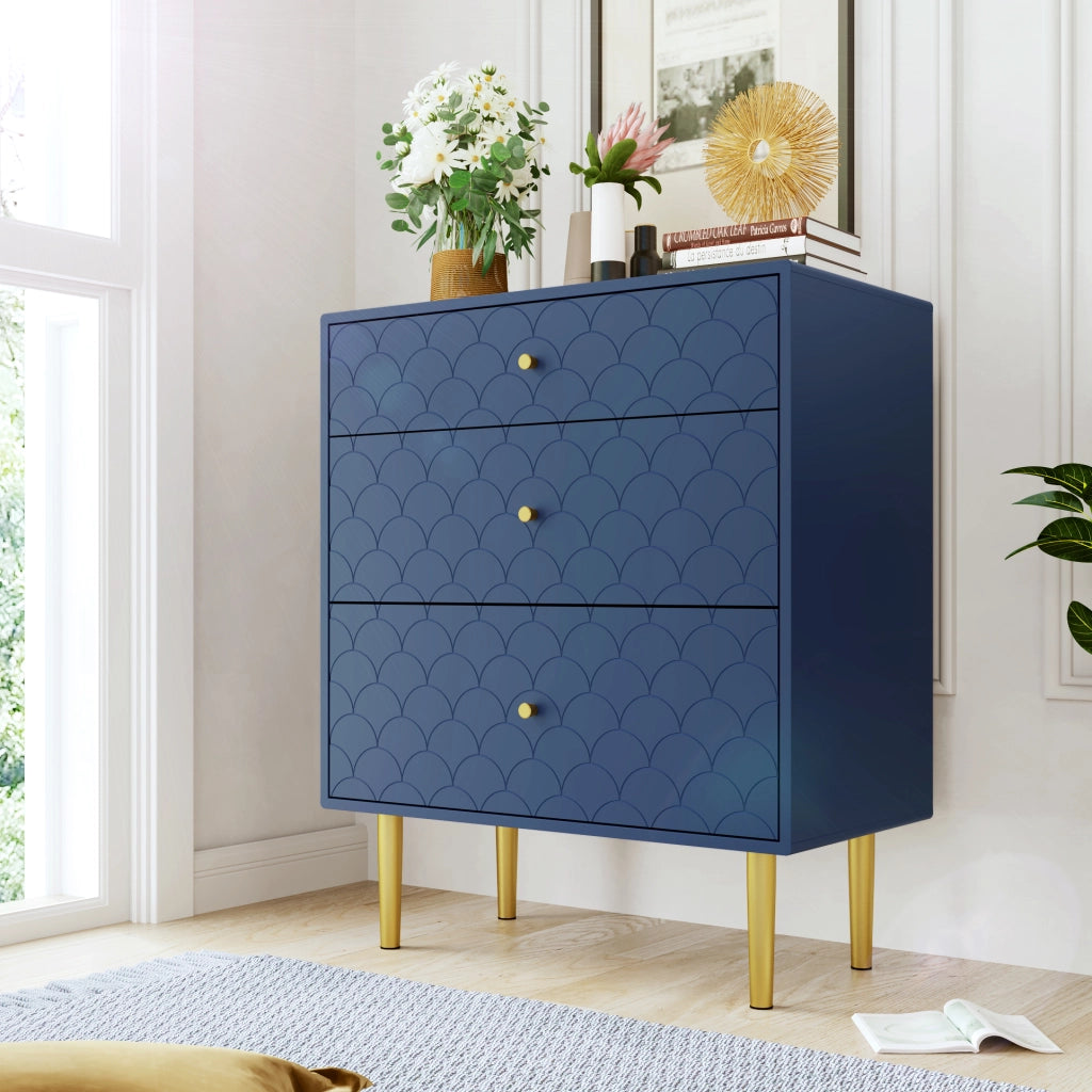 OKWISH Comò con 3 Cassetti, Frontale con Motivo a Scaglie e Gambe in Metallo, Legno e Metallo, Blu Navy, 75 x 40 x 89 cm