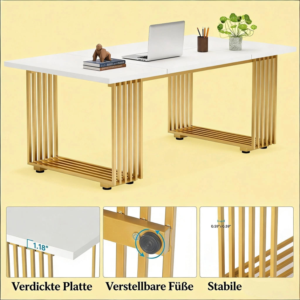 Scrivania da ufficio con piano ampio per 6-8 persone per studio e sala da pranzo in metallo e legno bianco e oro