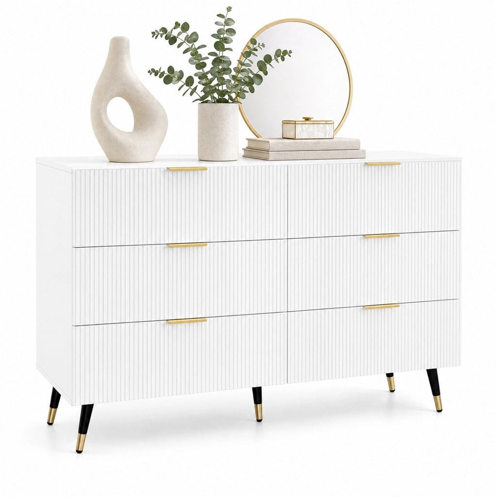 Credenza moderna bianca 120 cm con 6 cassetti; in truciolare; con dettagli oro